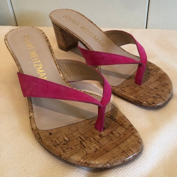 NEW (NWOT) Stuart Weitzman Brigida pink suede/cork heeled sandals sz 8 - Picture 5 of 16